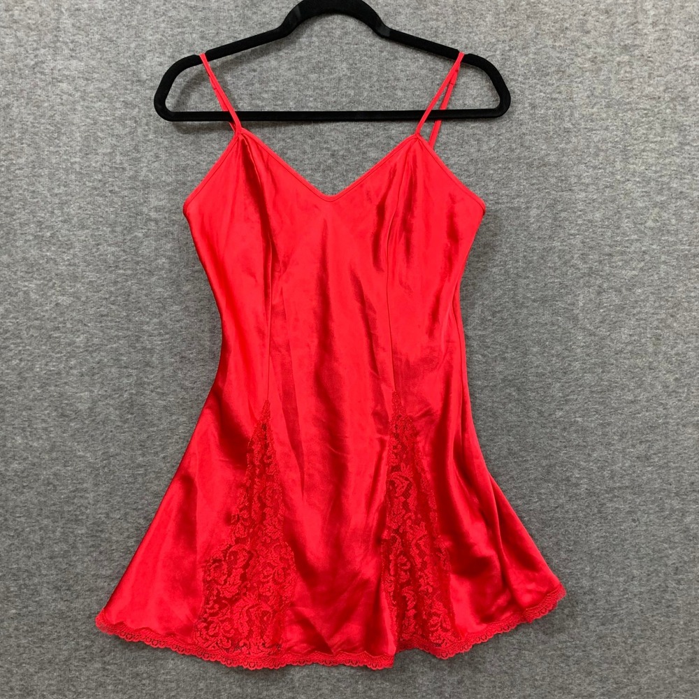 VTG 90's Victoria's Secret Gold Label Red Satin Lace Slip Dress Nightgown Small